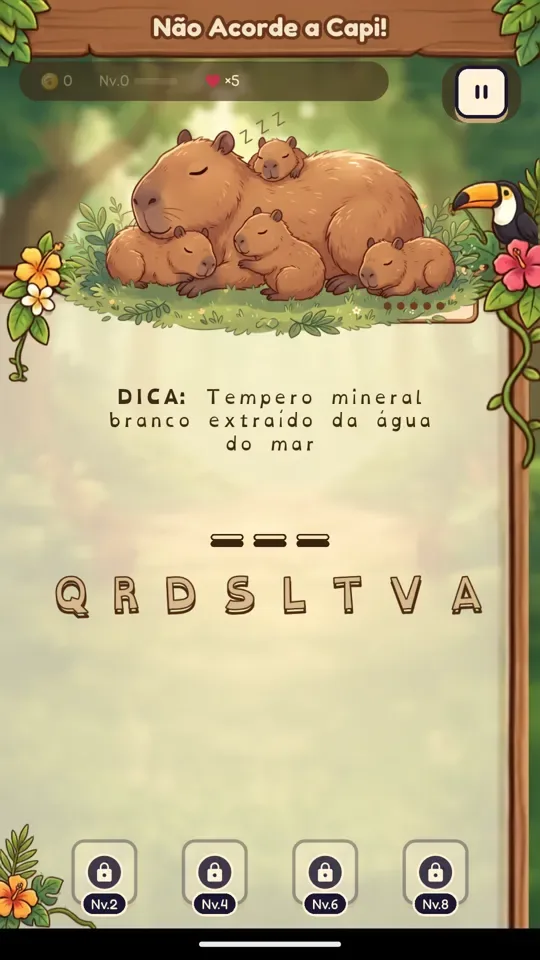 Tela do Não Acorde a Capi com a palavra da forca e as capivaras dormindo